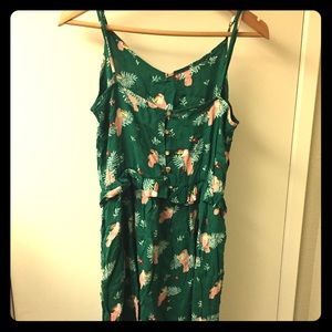 Green summer dress, bird flower print